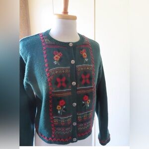 Vintage Austrian Style CARDIGAN with Embroidery - Forest Green Very Cottage core